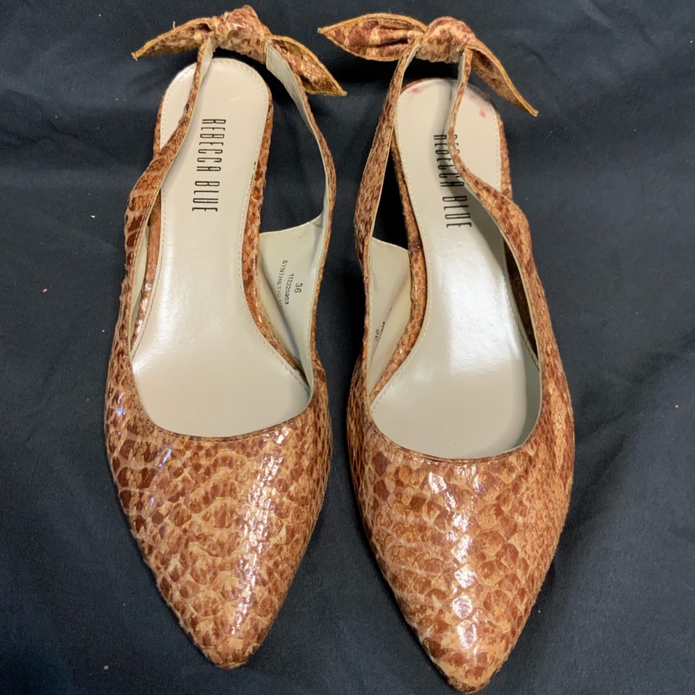 Rebecca Blue faux snakeskin pointed toe sling backs